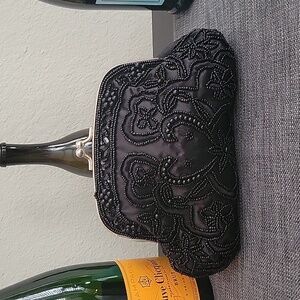 2 Chains! Black beaded evening clutch